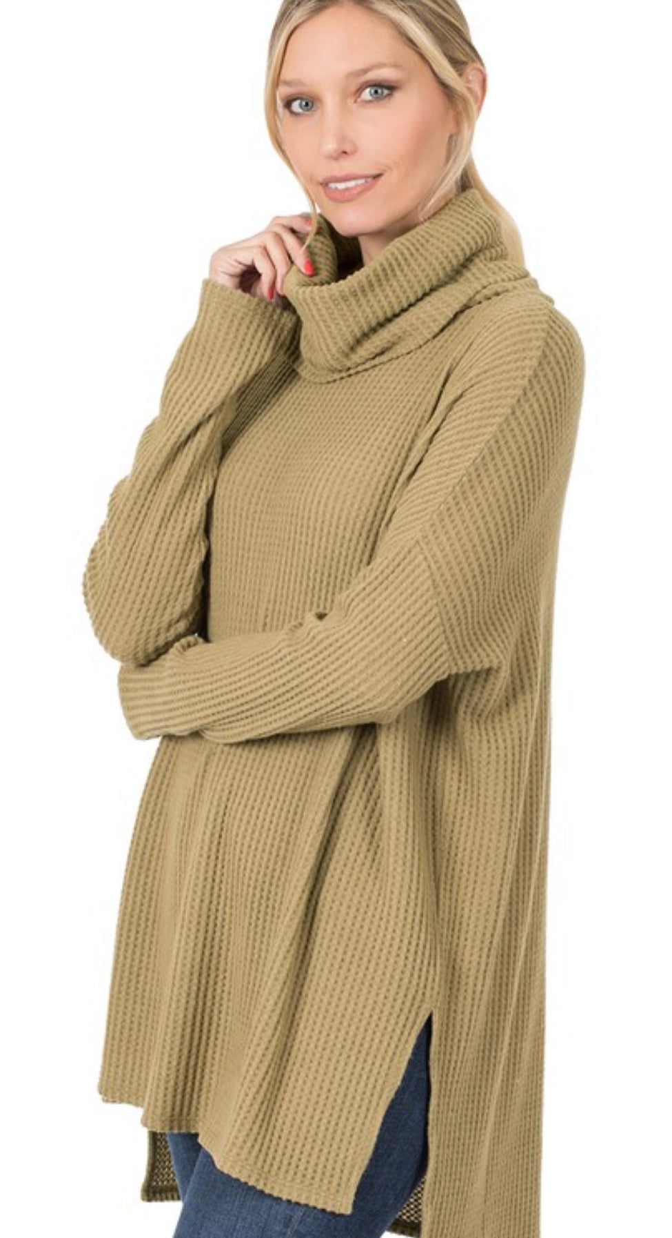 Cowl Thermal Knit Sweater - khaki