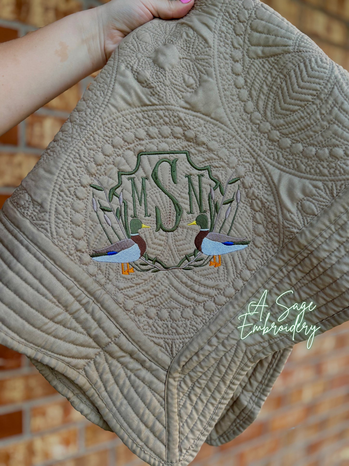 Embroidered mallard duck heirloom quilt with custom monogram, personalized baby blanket, baby boy quilt, embroidered custom heirloom blanket