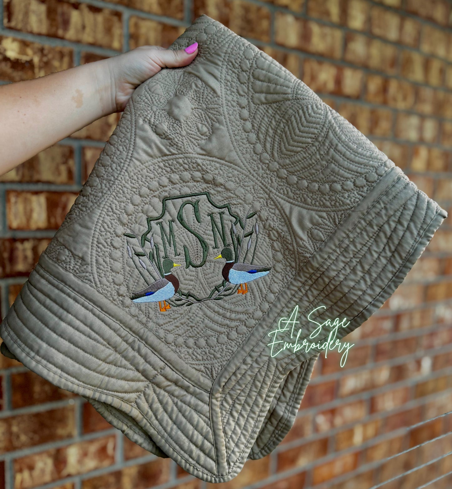 Embroidered mallard duck heirloom quilt with custom monogram, personalized baby blanket, baby boy quilt, embroidered custom heirloom blanket