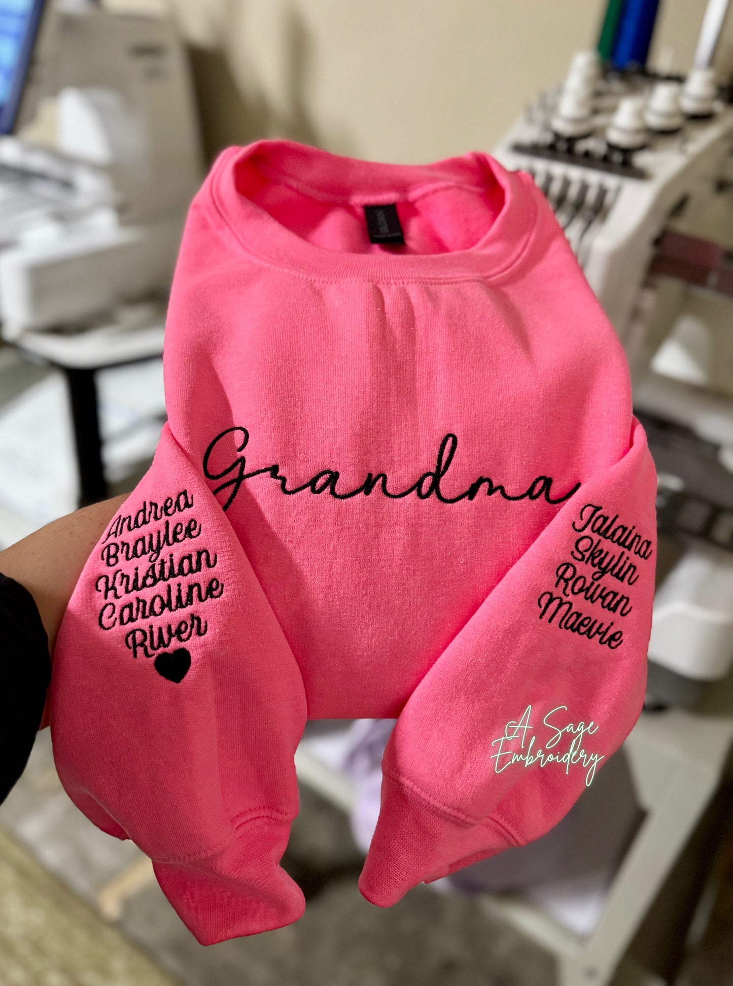 Embroidered custom name crew neck, personalized sweatshirt, embroidered unisex t shirt, embroidered names on the sleeve, custom names