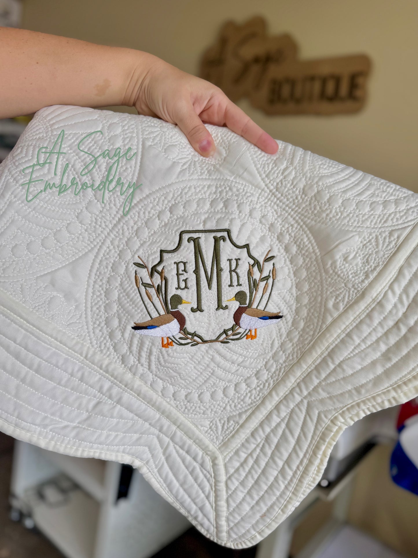 Embroidered mallard duck heirloom quilt with custom monogram, personalized baby blanket, baby boy quilt, embroidered custom heirloom blanket