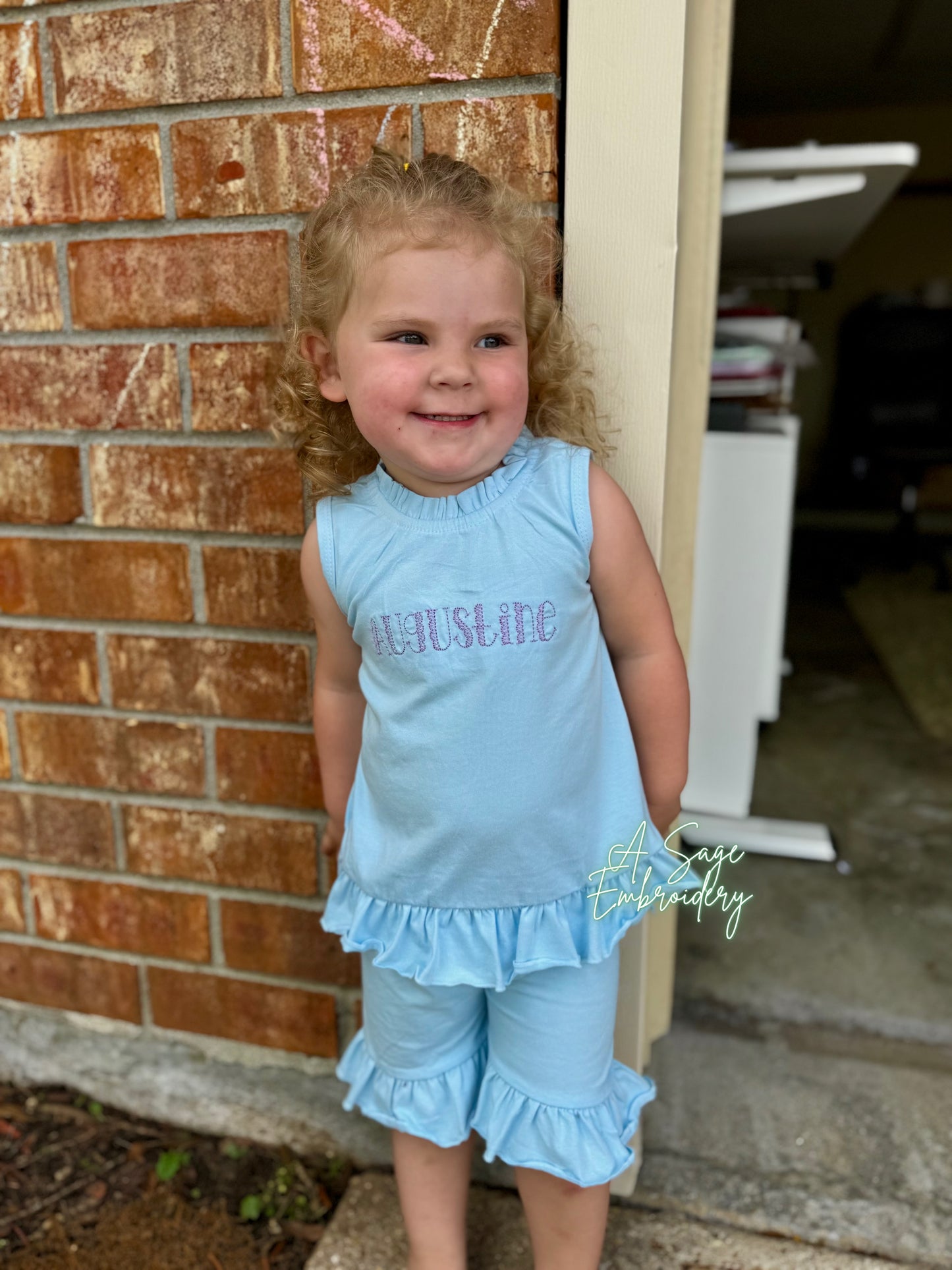 Embroidered open back ruffle back bow shorts set / embroidered girls shorts set / infant and toddler girls custom personalized sets / stitch