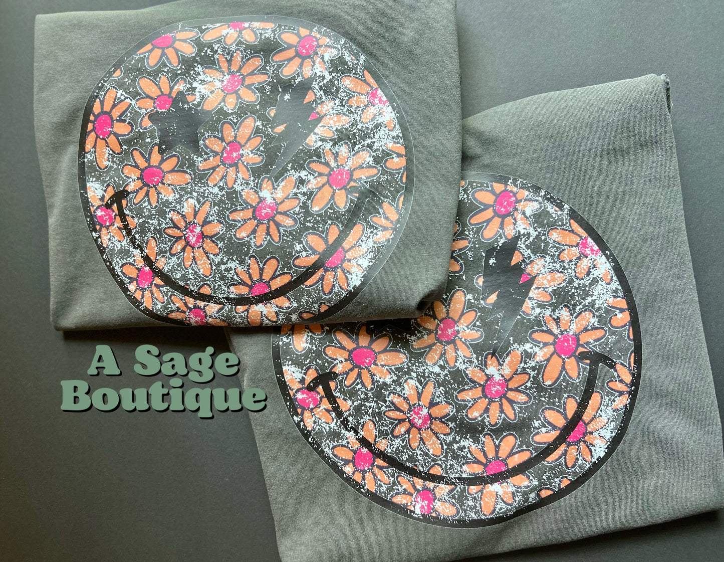 Retro Distress Smiley - graphic t - floral - smiley face - hot pink - flowers - retro design - distressed smiley - screen print - comfort