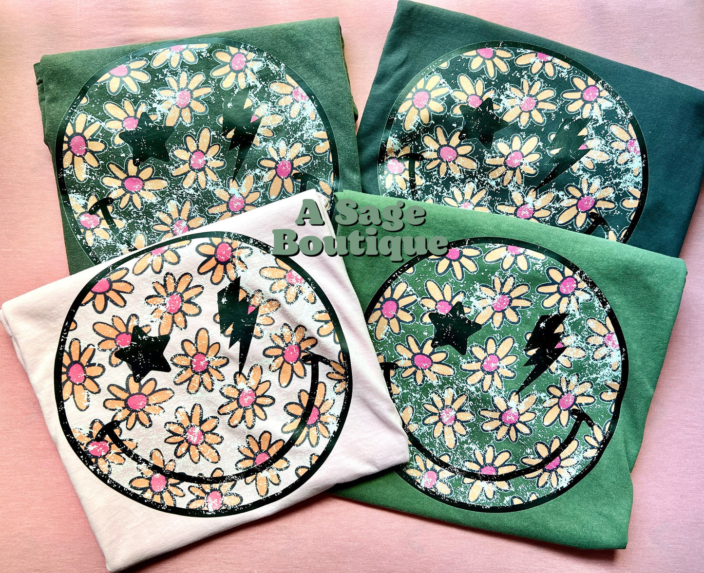 Retro Distress Smiley - graphic t - floral - smiley face - hot pink - flowers - retro design - distressed smiley - screen print - comfort