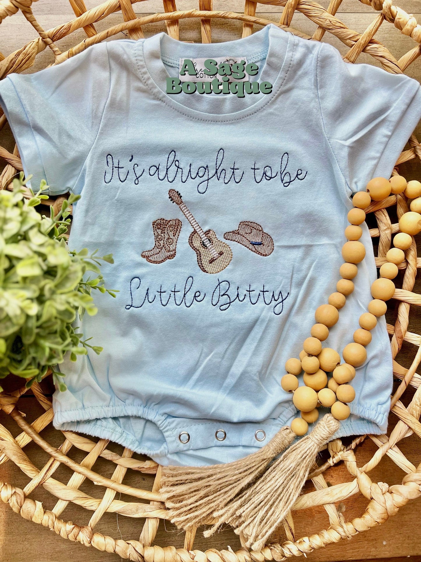 It’s alright to be Little Bitty - country song - Alan Jackson - western - cowboy - embroidered t shirt - kids bubble romper - embroidery -