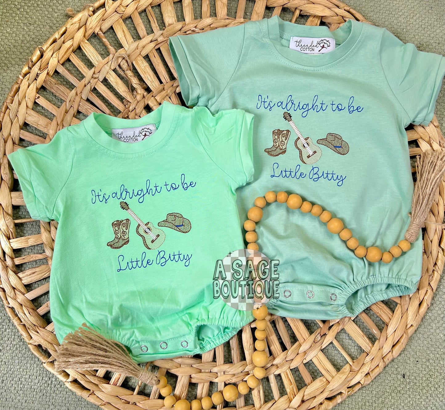 It’s alright to be Little Bitty - country song - Alan Jackson - western - cowboy - embroidered t shirt - kids bubble romper - embroidery -