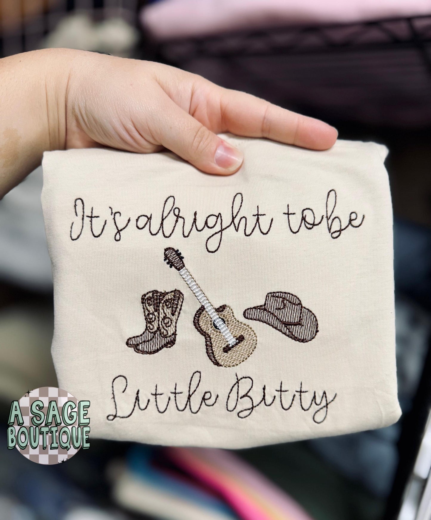 It’s alright to be Little Bitty - country song - Alan Jackson - western - cowboy - embroidered t shirt - kids bubble romper - embroidery -