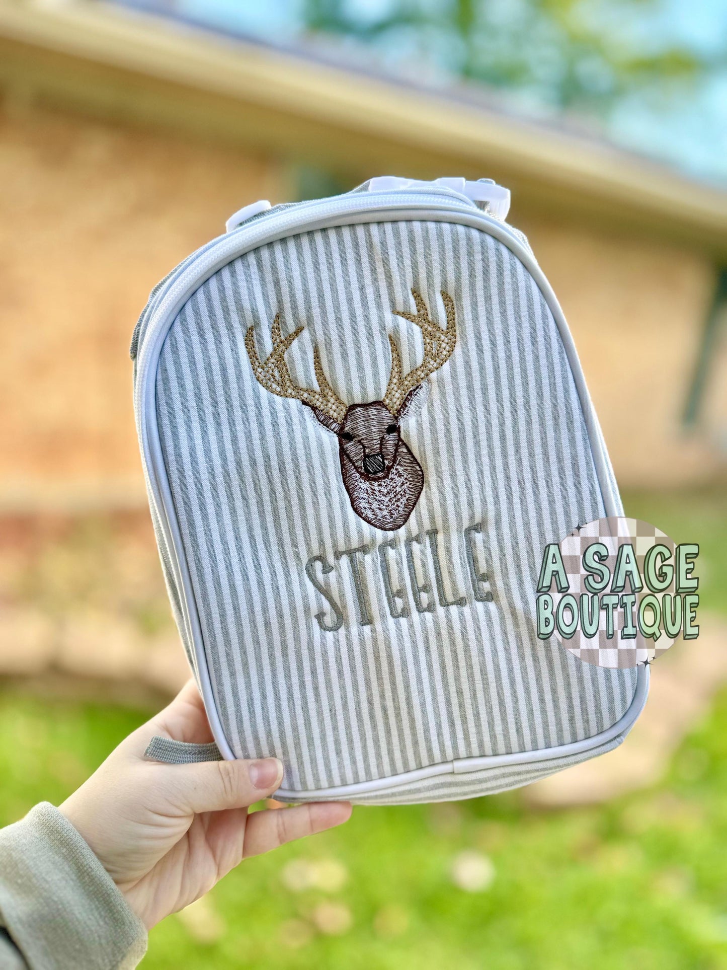 Deer seersucker lunch box - embroidered lunchbox - personalized - monogram - seersucker - lunch box - backpack - back to school - kids lunch