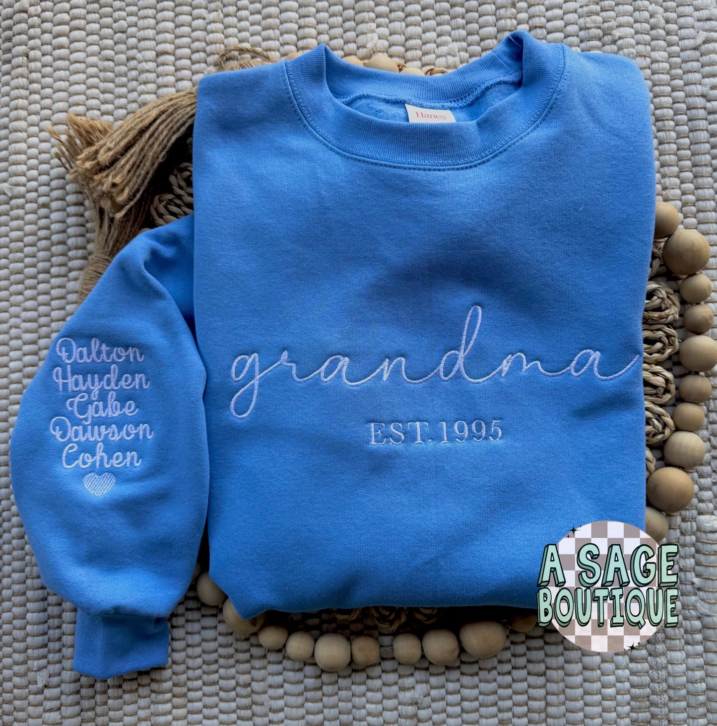 Embroidered custom name crew neck, personalized sweatshirt, embroidered unisex t shirt, embroidered names on the sleeve, custom names