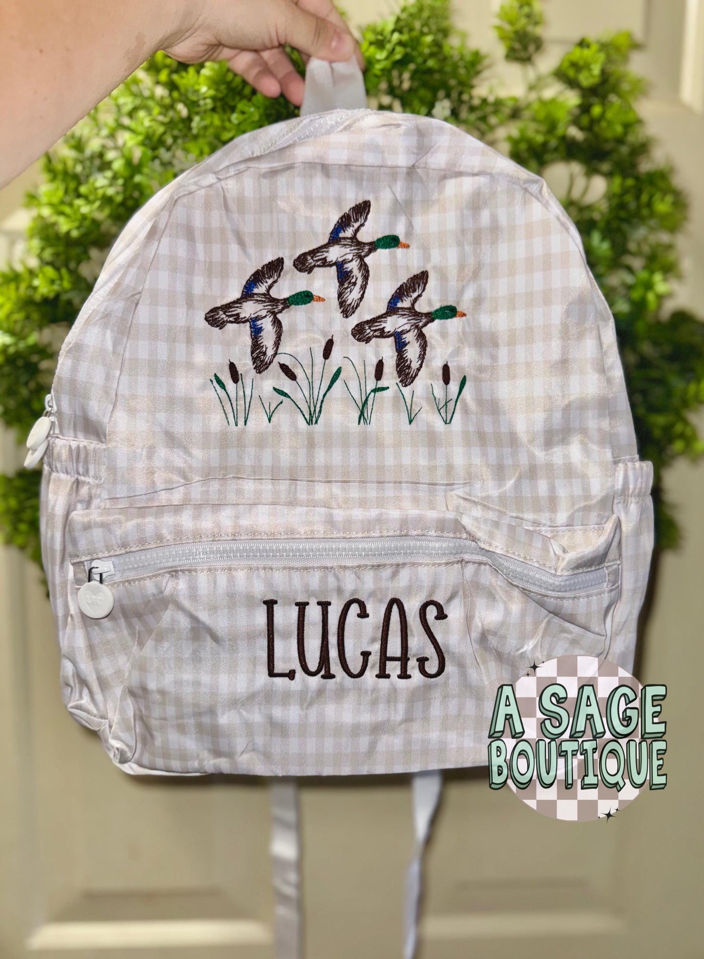 Embroidered Seersucker backpack - mallard ducks gingham - kids backpack - diaper bag - adult backpack - embroidered backpack - embroidery