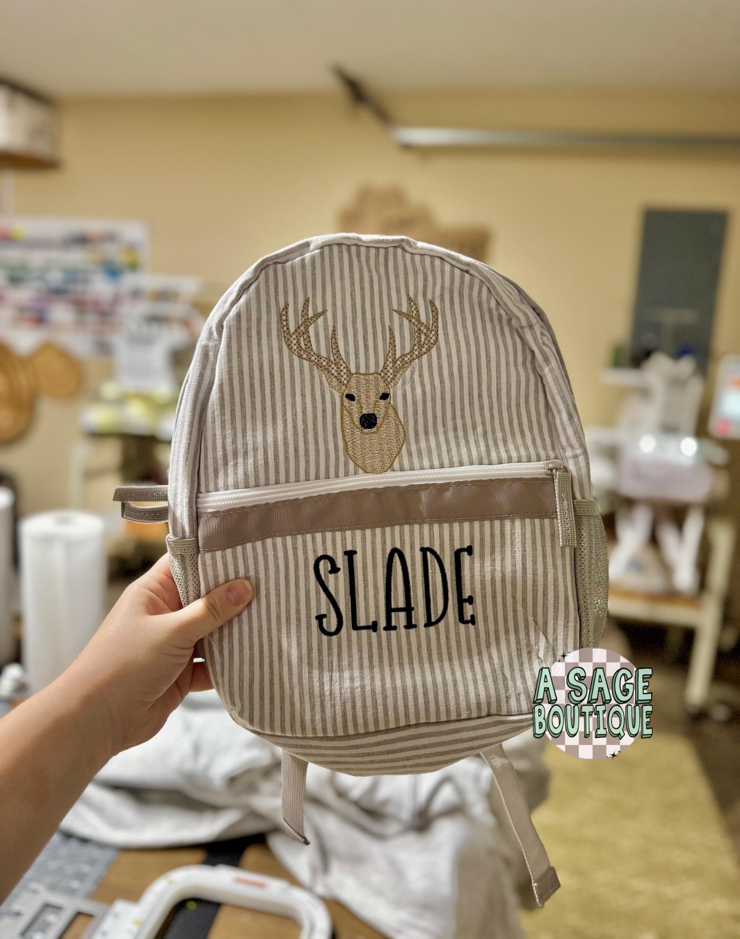 Embroidered Seersucker backpack - deer - deer season - kids backpack - diaper bag - adult backpack - embroidered backpack - embroidery