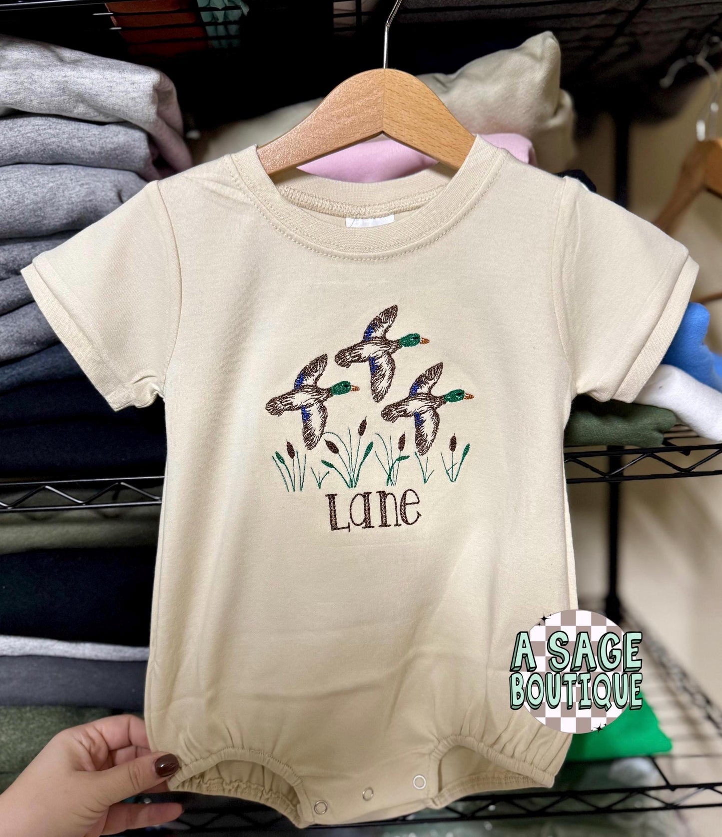 Personalized mallard duck Bubble Romper - custom name - bubble - personalized name - bubble romper - embroidered romper - embroidery