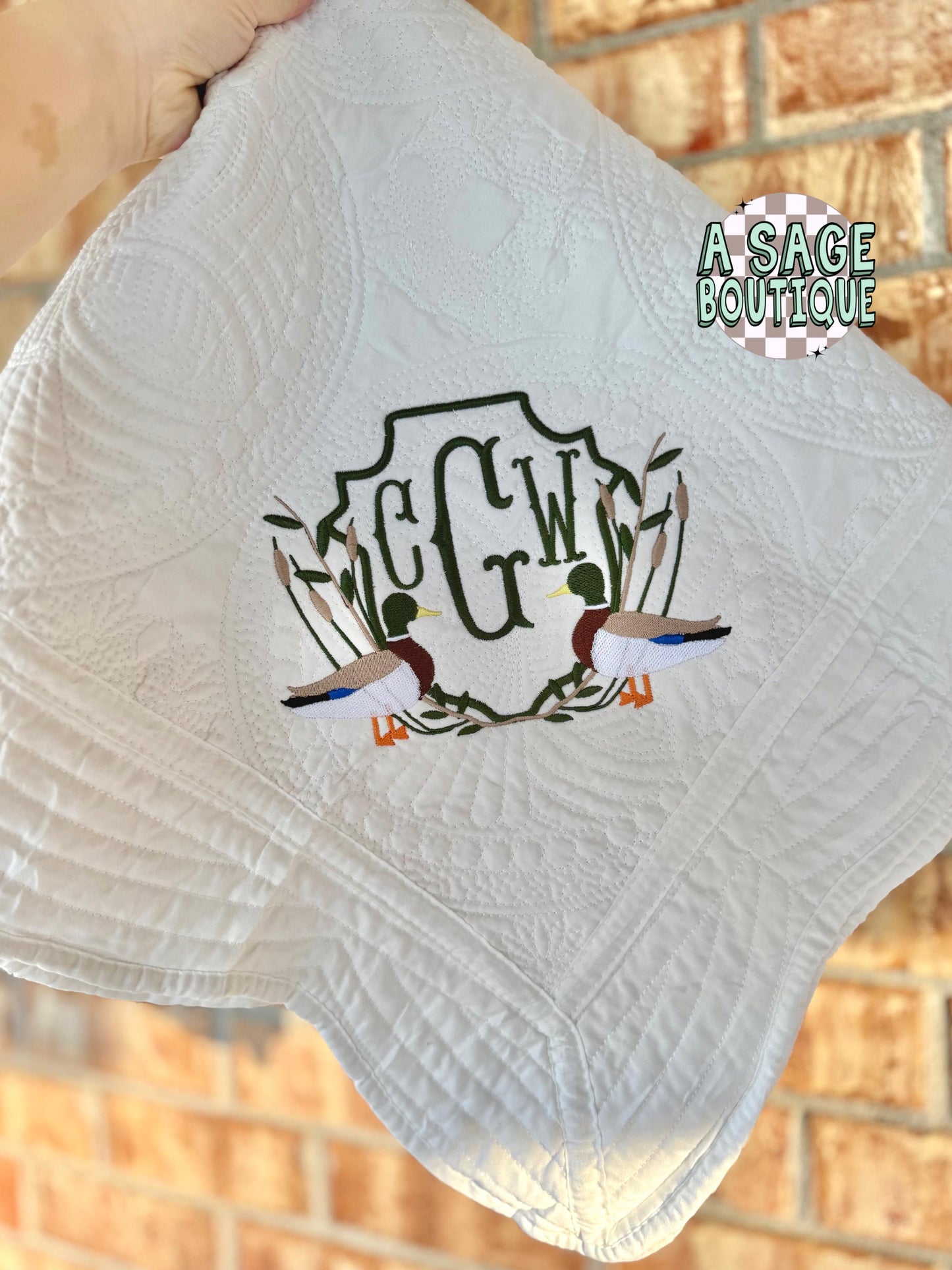 Embroidered mallard duck heirloom quilt with custom monogram, personalized baby blanket, baby boy quilt, embroidered custom heirloom blanket