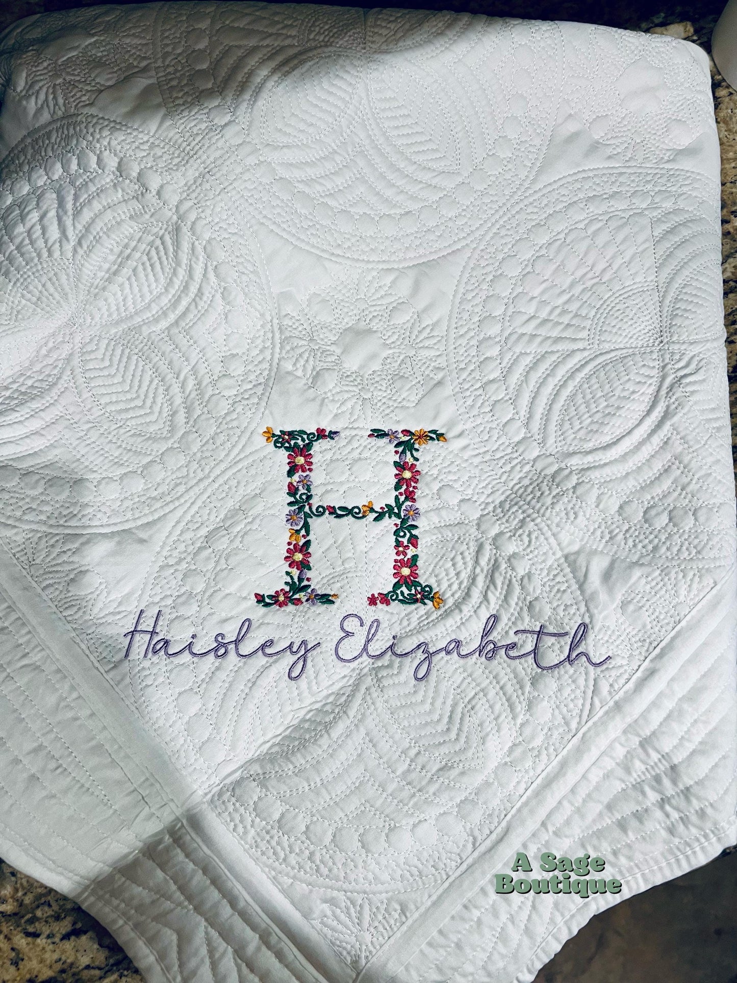 Embroidered coquette bow heirloom quilt with custom monogram, personalized baby blanket, baby gir quilt, embroidered custom heirloom blanket