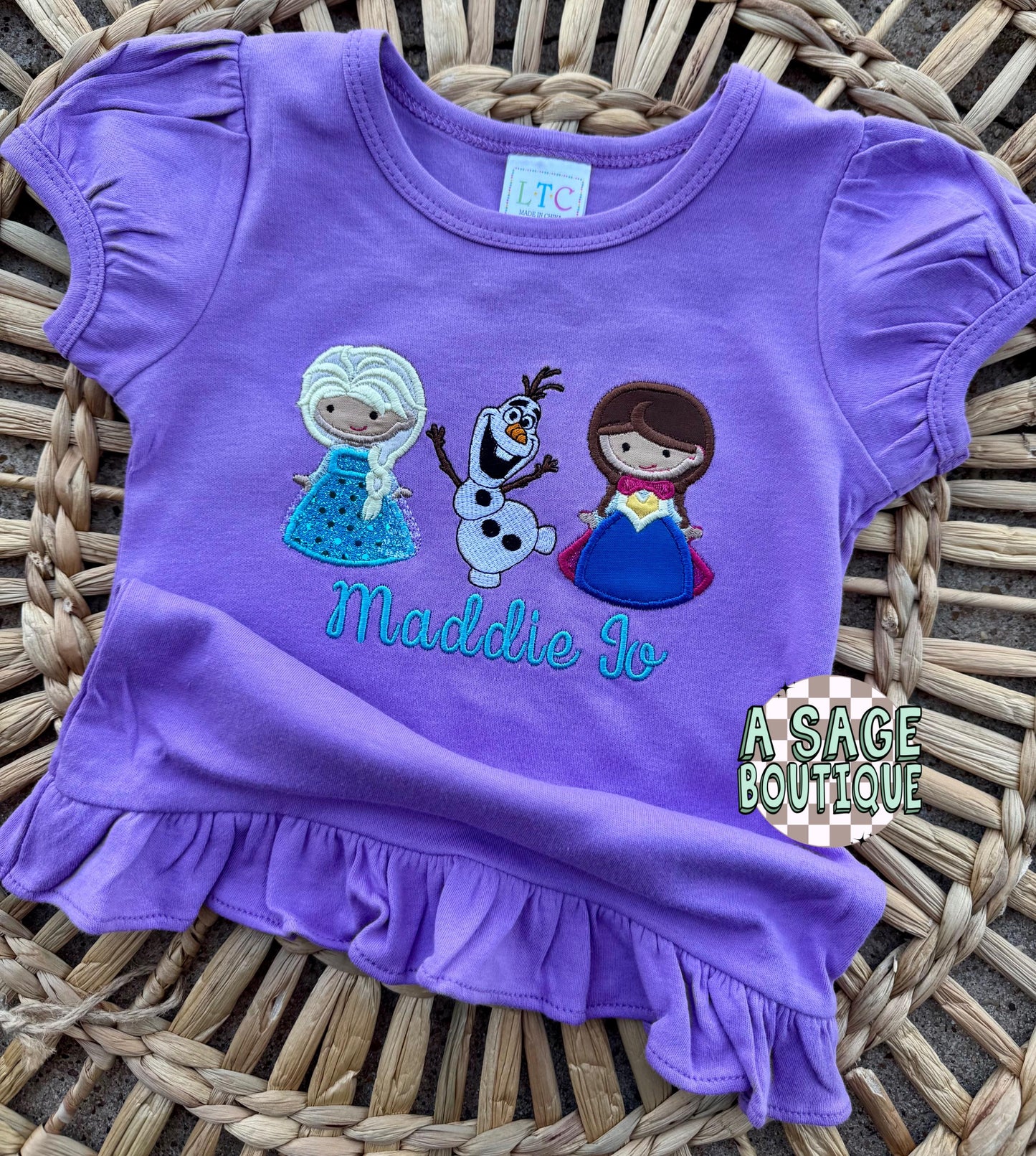 Embroidered custom ice princess girls ruffle shirt, Olaf, personalized princess ruffle sleeve top, applique embroidery, applique princess