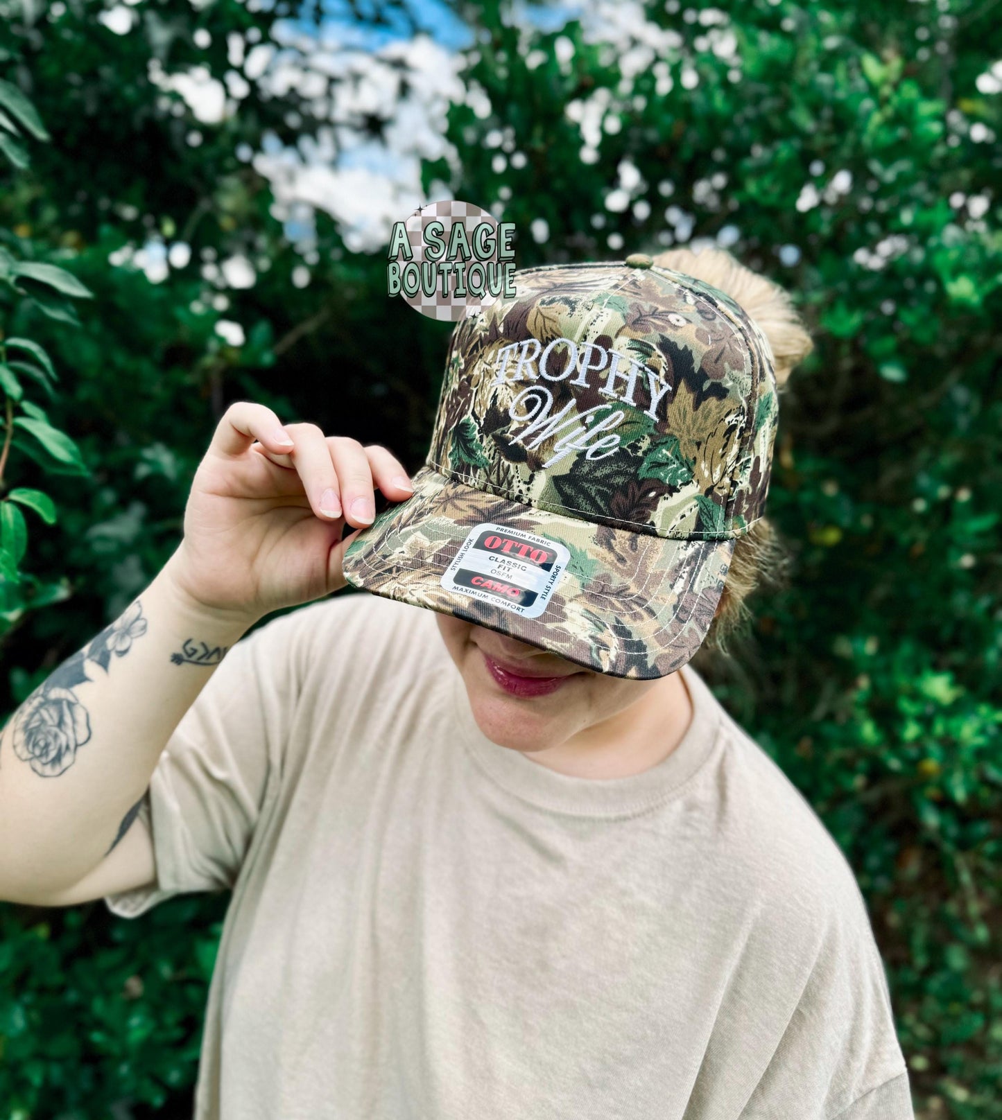 Embroidered trophy wife Otto cap, 5 panel Otto cap, trucker hat, custom embroidery, embroidery trucker hat, monochrome look