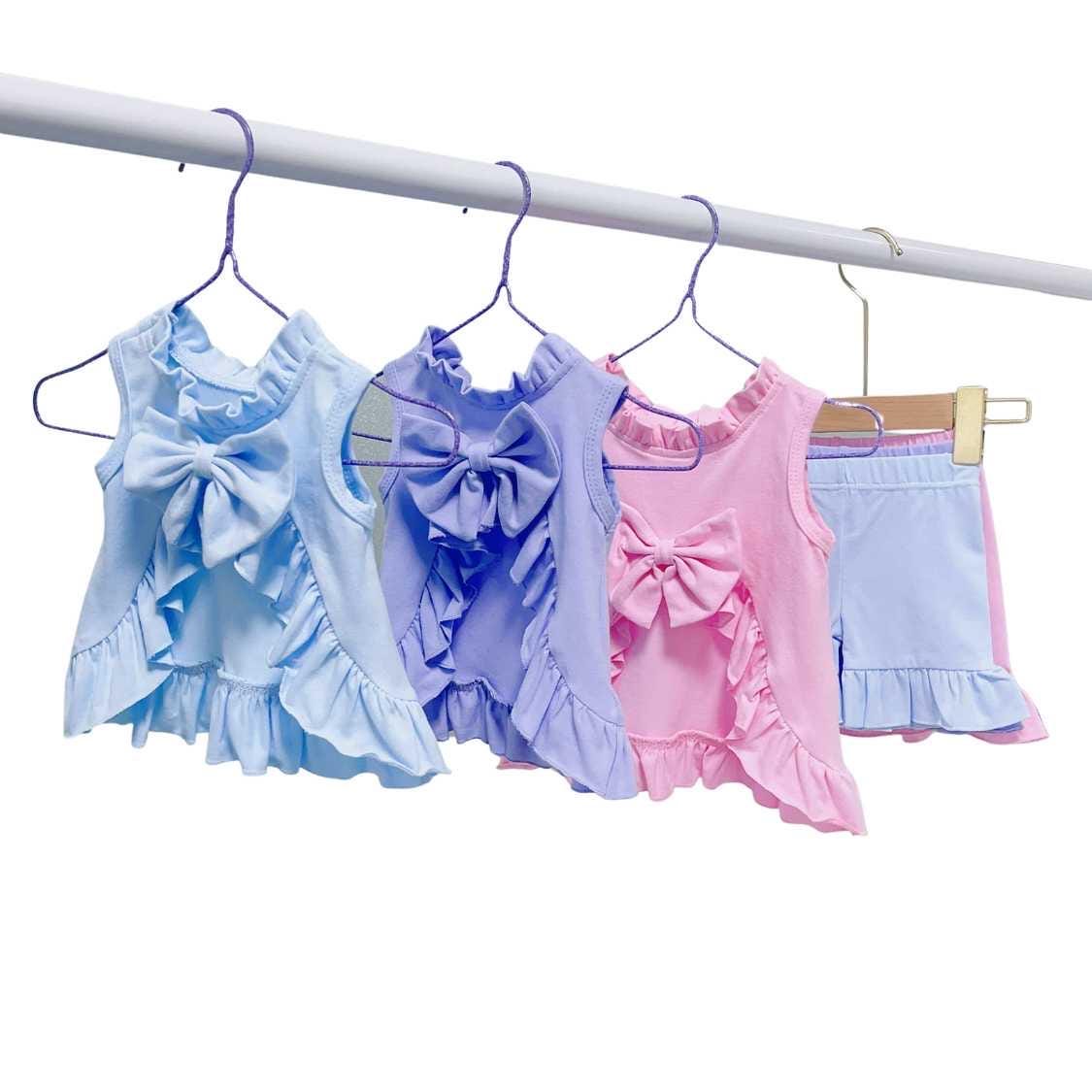 Embroidered open back ruffle back bow shorts set / embroidered girls shorts set / infant and toddler girls custom personalized sets / stitch
