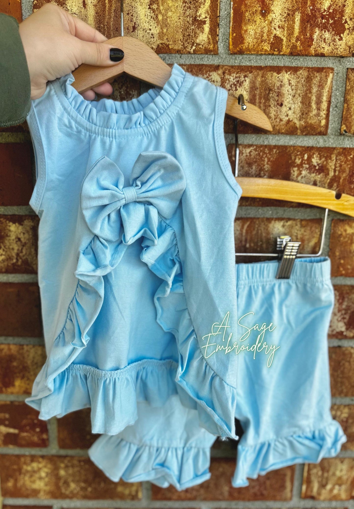 Embroidered open back ruffle back bow shorts set / embroidered girls shorts set / infant and toddler girls custom personalized sets / stitch