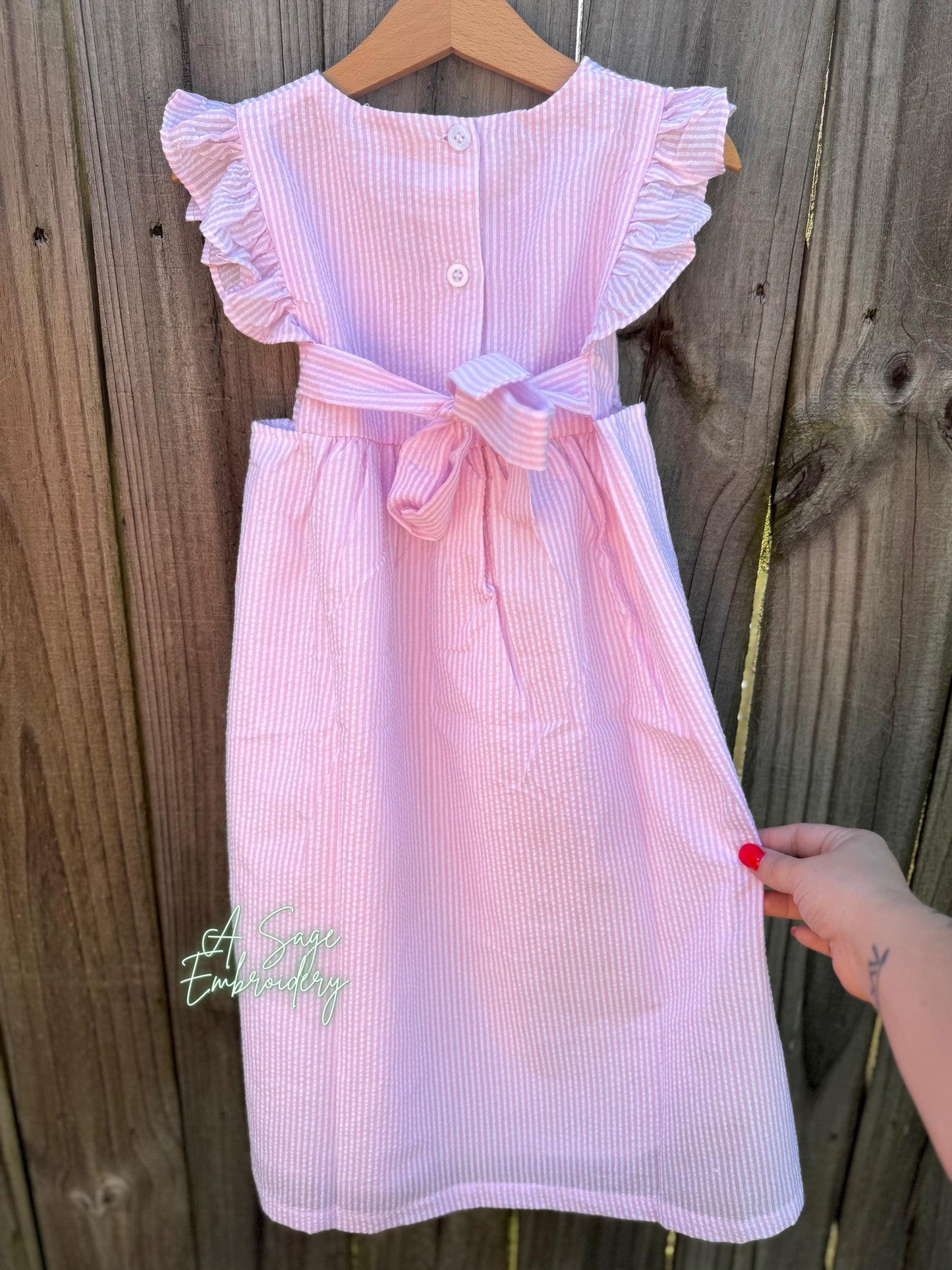 Seersucker side tie dress with custom embroidery, personalized girls seersucker dress, monogram, custom embroidered girls dress, seersucker