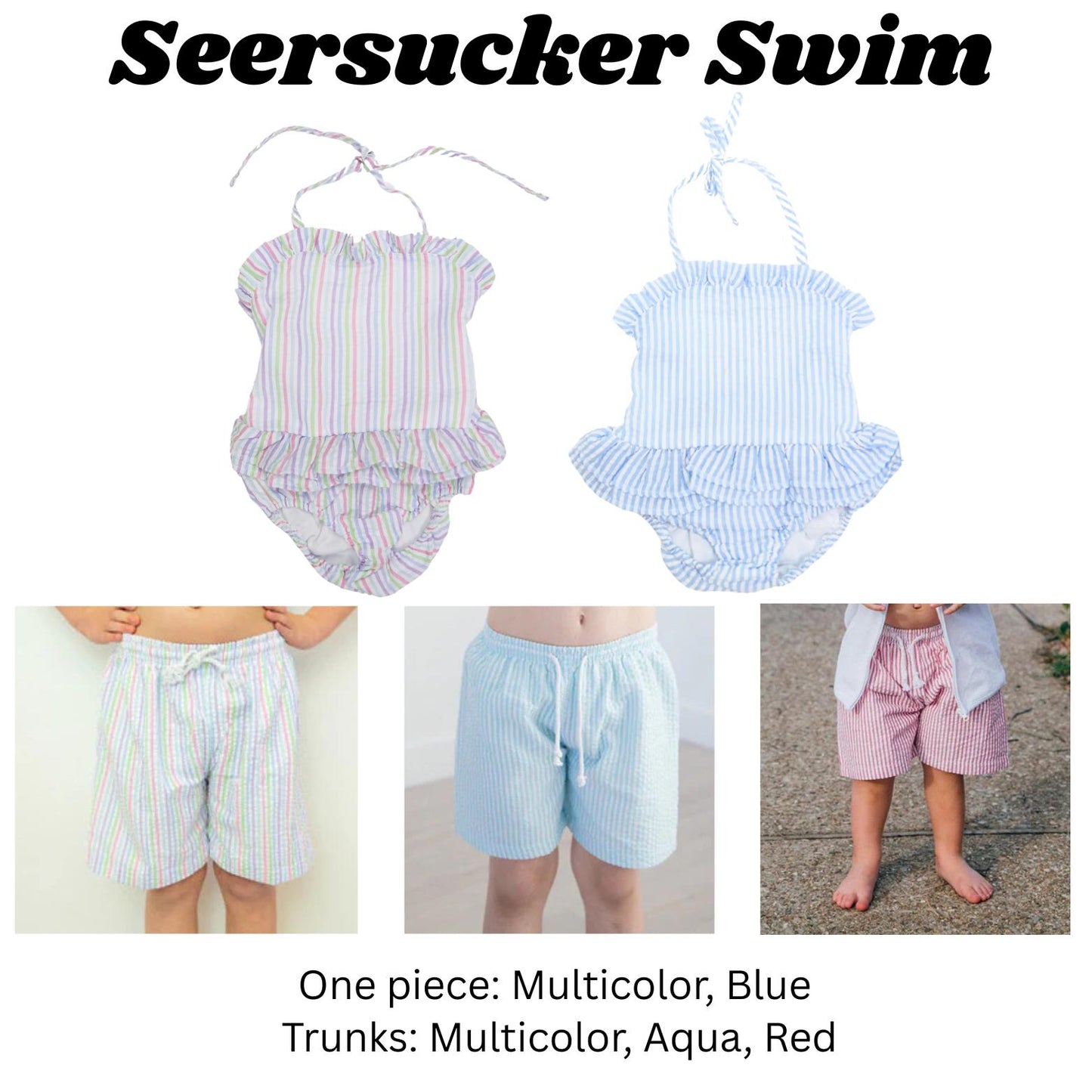 Seersucker one peice swimsuit and swimming trunks with monogram embroidery, embroidered seersucker swim, kids swim wear, embroidered custom