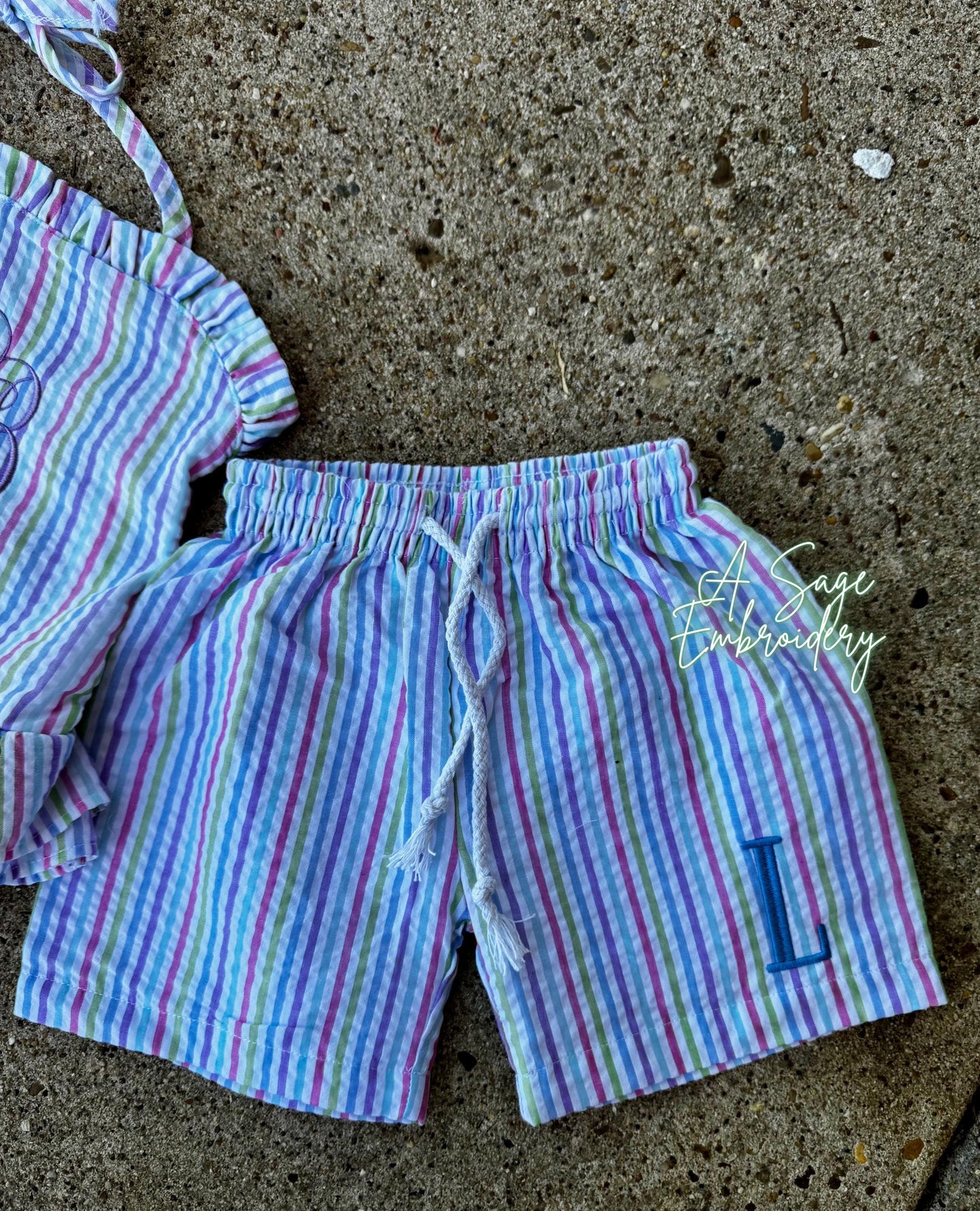 Seersucker one peice swimsuit and swimming trunks with monogram embroidery, embroidered seersucker swim, kids swim wear, embroidered custom