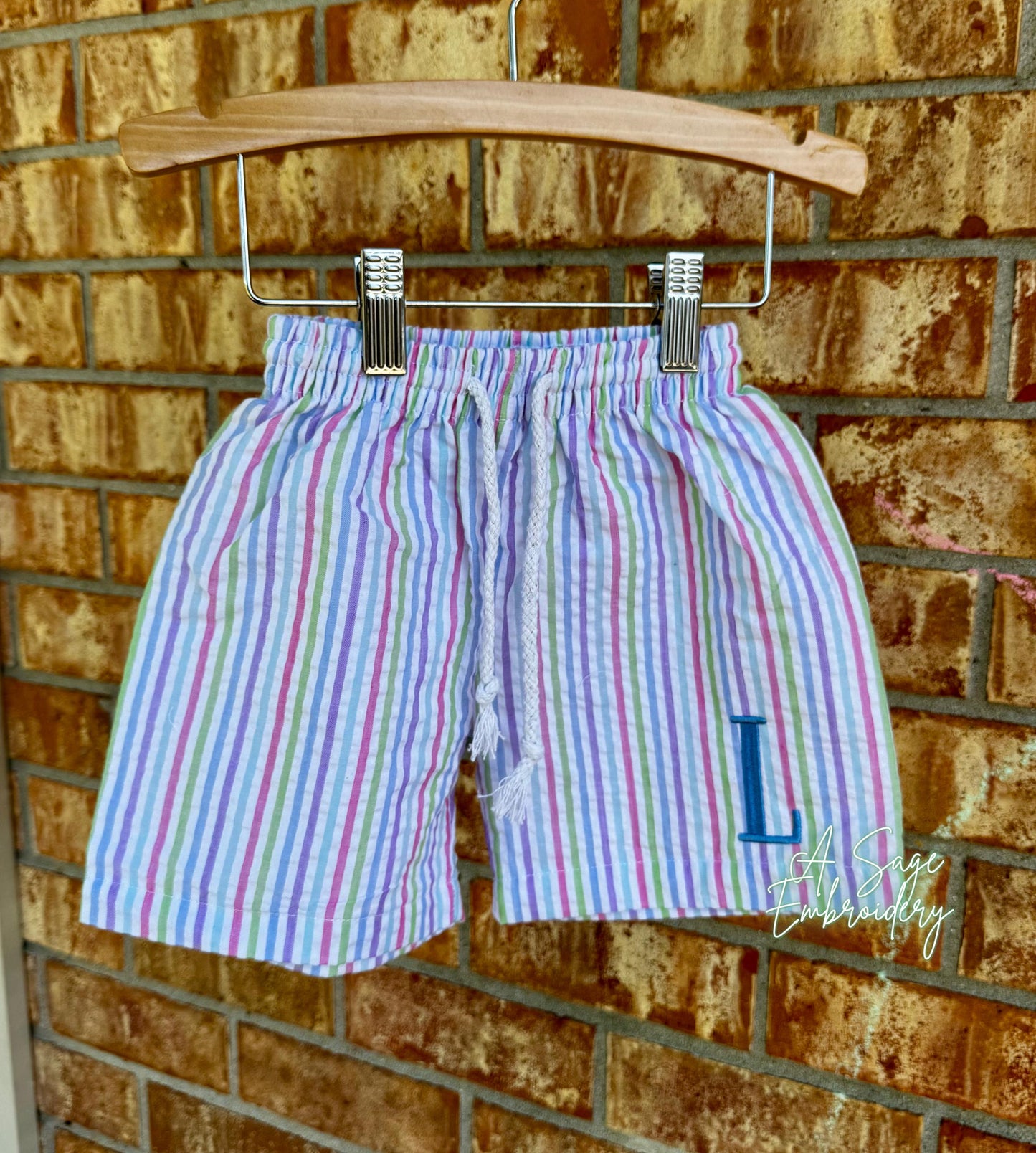 Seersucker one peice swimsuit and swimming trunks with monogram embroidery, embroidered seersucker swim, kids swim wear, embroidered custom
