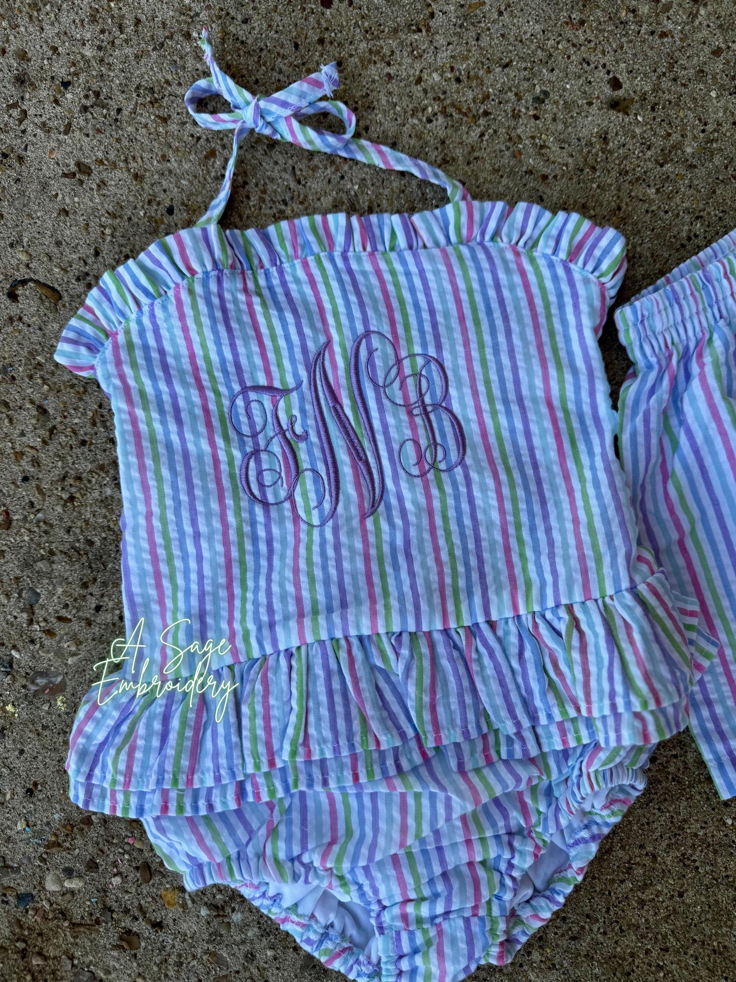 Seersucker one peice swimsuit and swimming trunks with monogram embroidery, embroidered seersucker swim, kids swim wear, embroidered custom