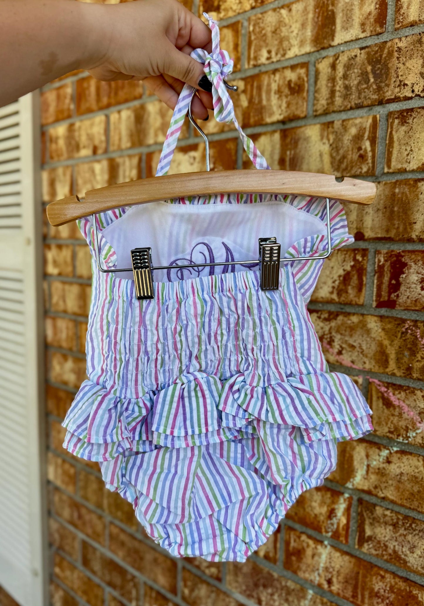 Seersucker one peice swimsuit and swimming trunks with monogram embroidery, embroidered seersucker swim, kids swim wear, embroidered custom