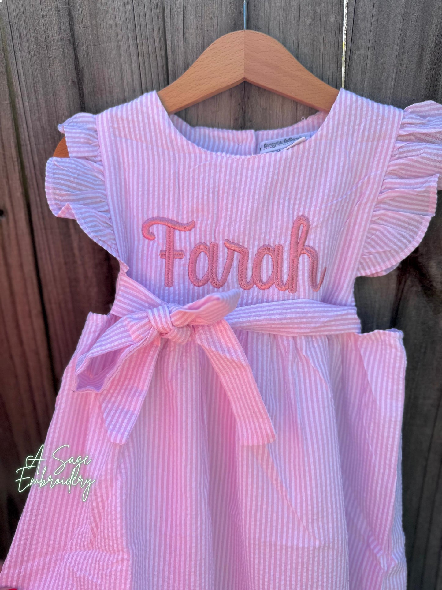 Seersucker side tie dress with custom embroidery, personalized girls seersucker dress, monogram, custom embroidered girls dress, seersucker