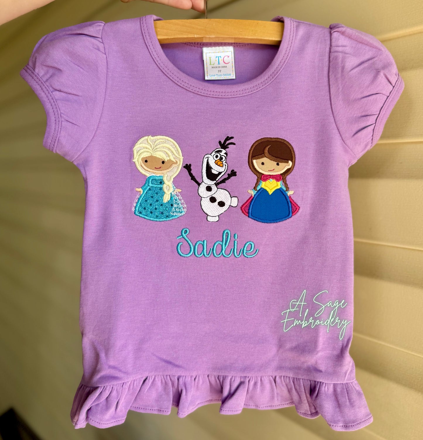 Embroidered custom ice princess girls ruffle shirt, Olaf, personalized princess ruffle sleeve top, applique embroidery, applique princess