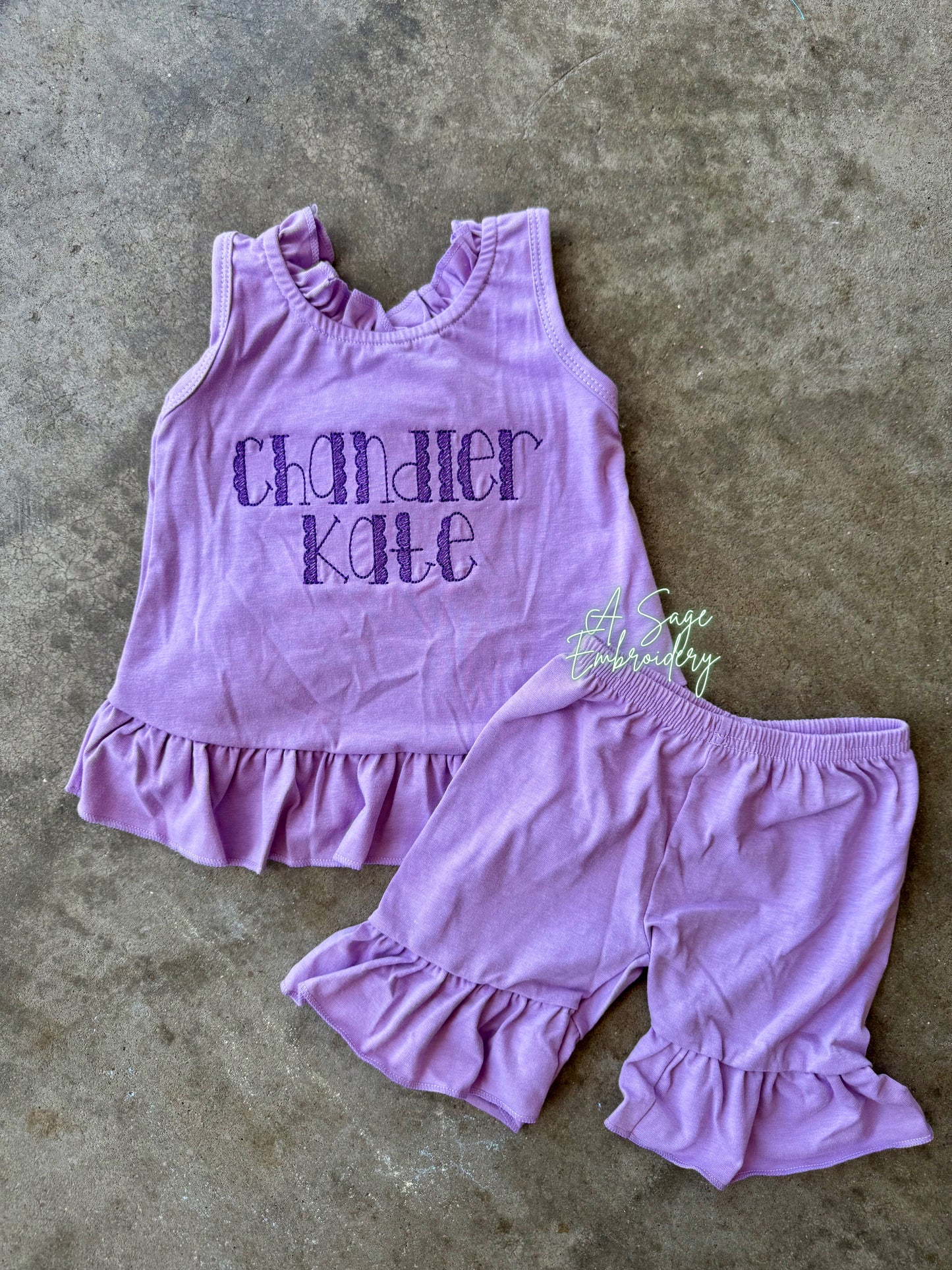 Embroidered open back ruffle back bow shorts set / embroidered girls shorts set / infant and toddler girls custom personalized sets / stitch