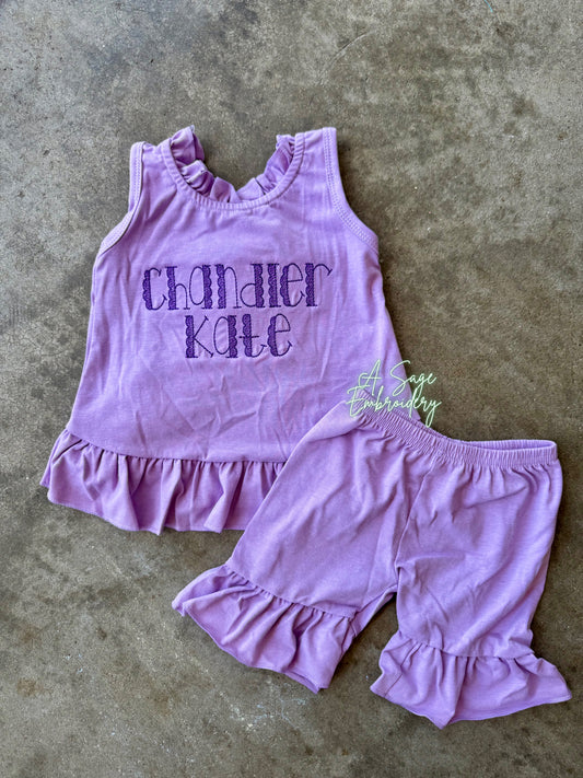 Embroidered open back ruffle back bow shorts set / embroidered girls shorts set / infant and toddler girls custom personalized sets / stitch