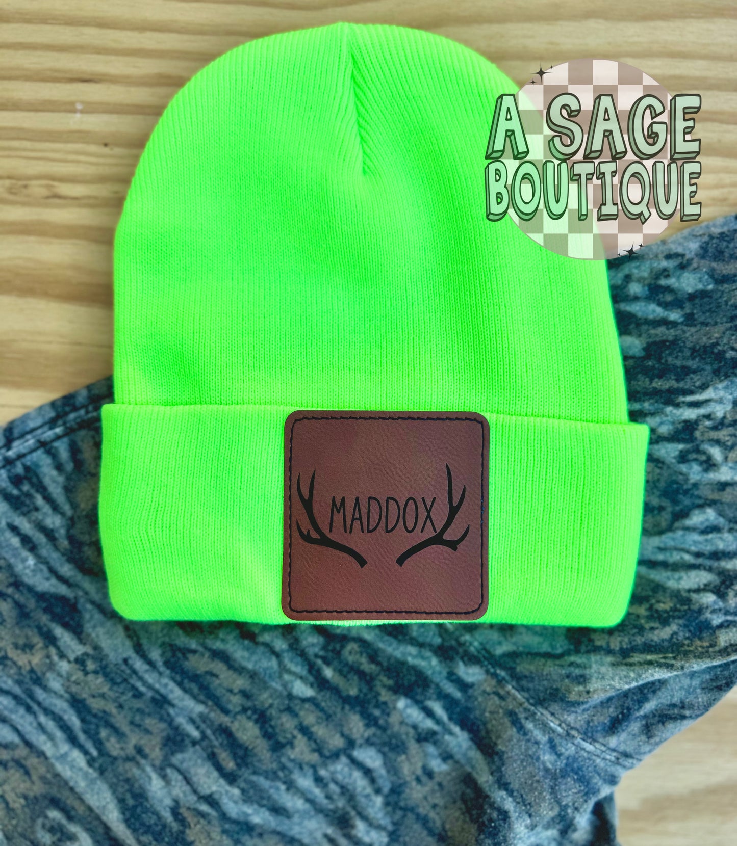 Leather patch beanies - neon