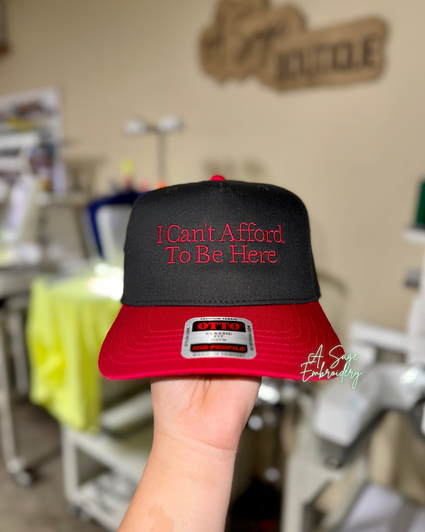 Embroidered I can’t afford to be here Otto cap, 5 panel Otto cap, trucker hat, custom embroidery, embroidery trucker hat, monochrome look
