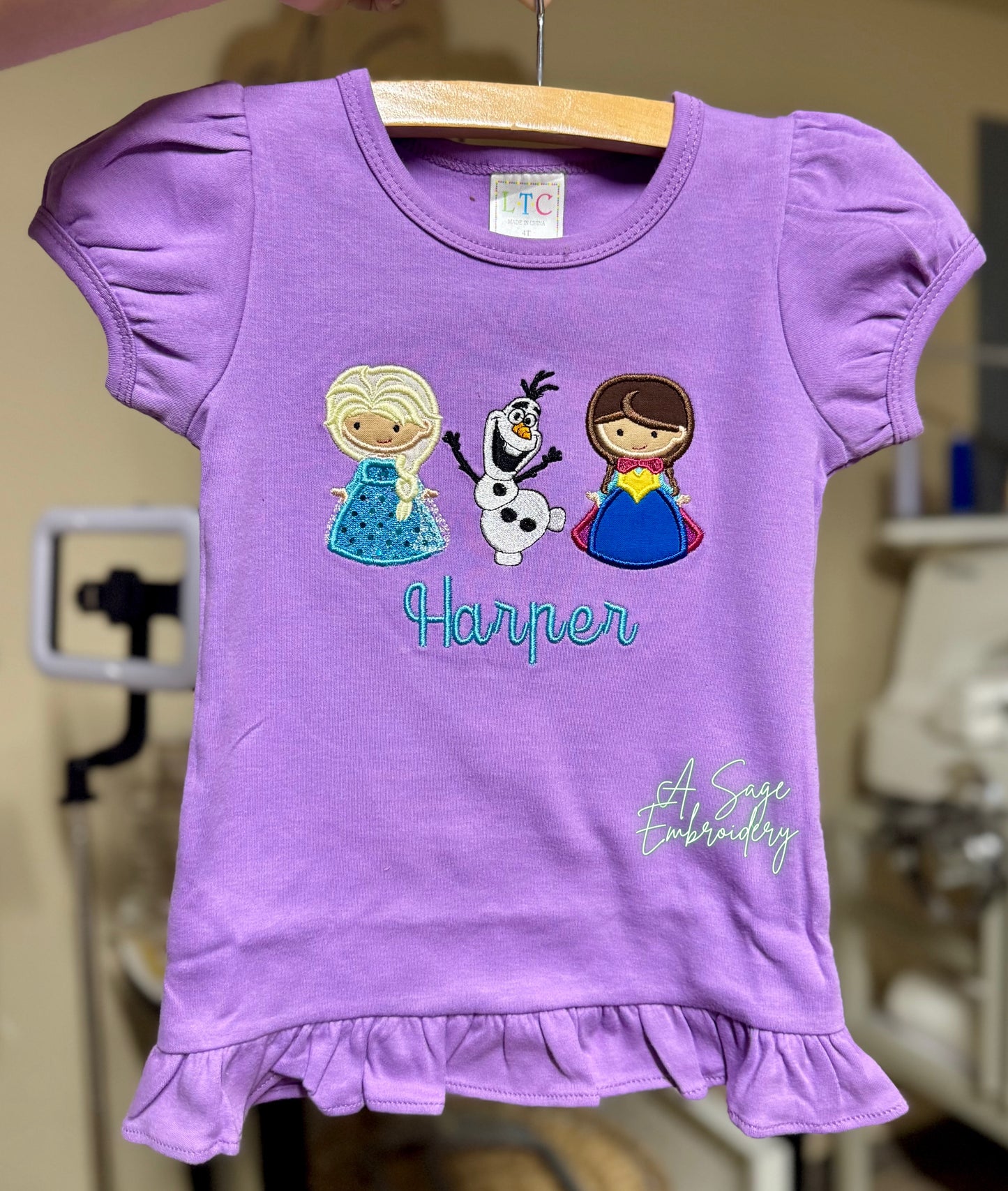 Embroidered custom ice princess girls ruffle shirt, Olaf, personalized princess ruffle sleeve top, applique embroidery, applique princess