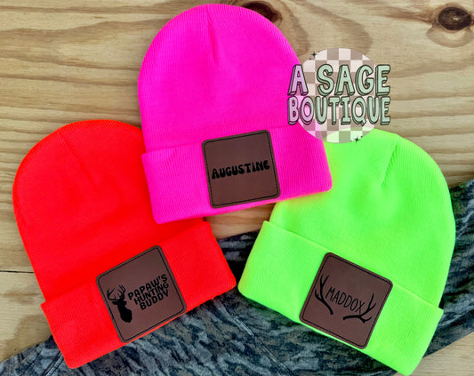 Leather patch beanies - neon