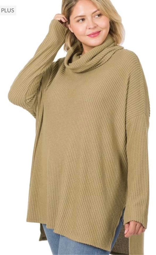 Cowl Thermal Knit Sweater - khaki