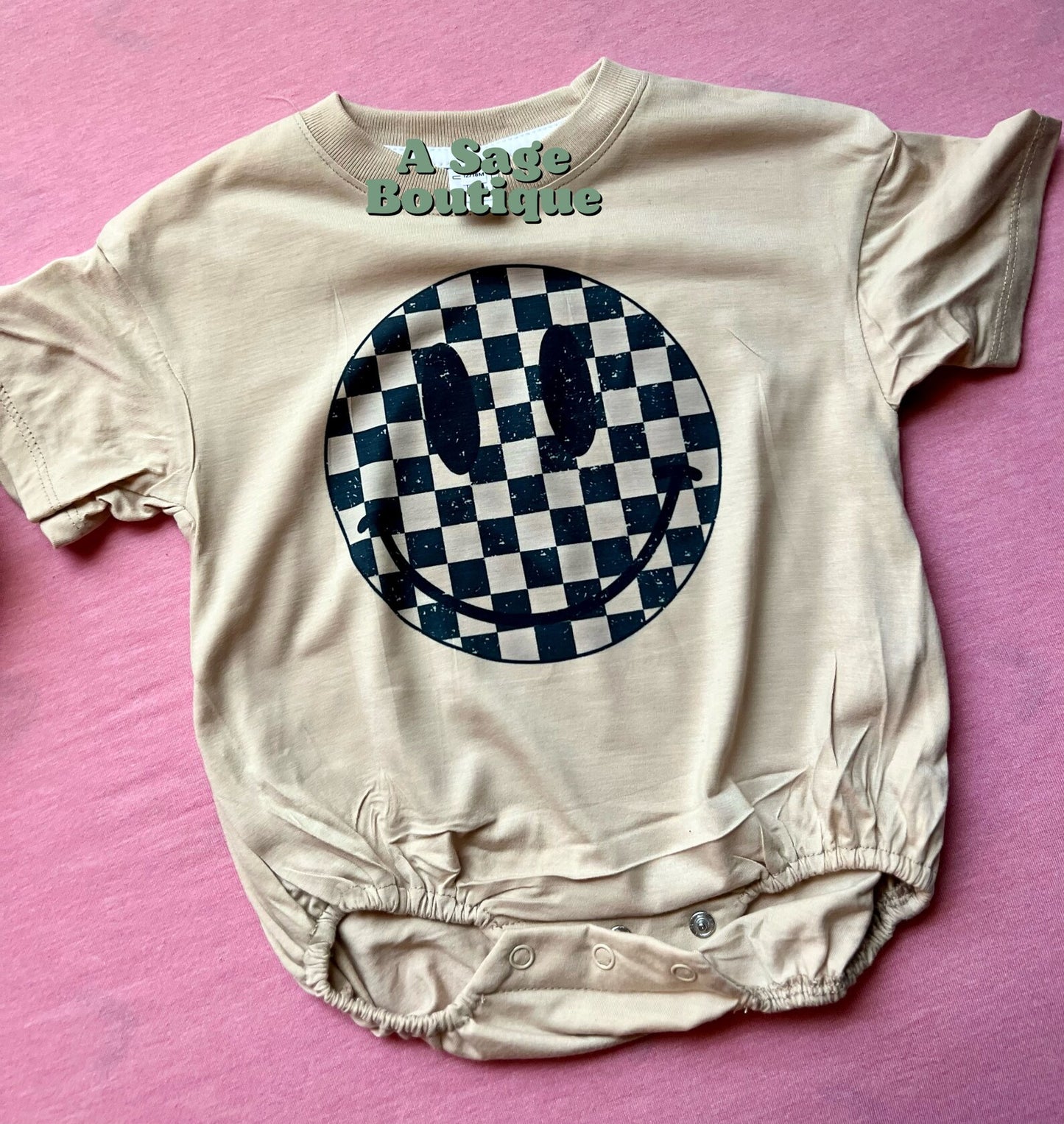 Checkered Smiley Face - kids tee/bubble romper