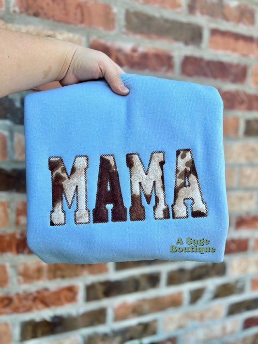 Cow print - appliqué mama - western mama - brown cow print - appliqué design - mama t shirt - sweatshirt - fall vibes - country - winter