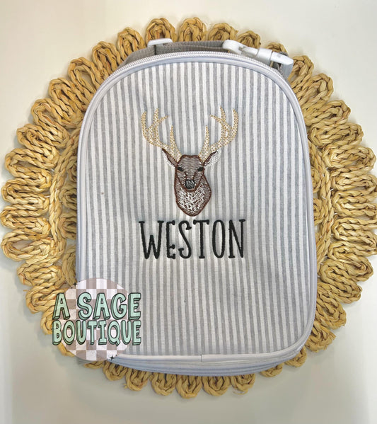 Deer seersucker lunch box - embroidered lunchbox - personalized - monogram - seersucker - lunch box - backpack - back to school - kids lunch