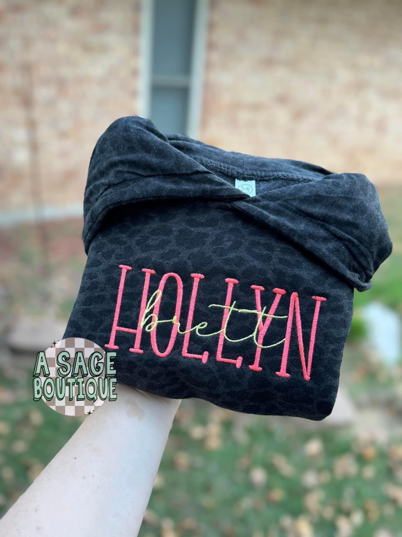 Embroidered double name hoodie / black leopard / vintage camo / embroidered kids hoodie / toddler hoodie / embroidery / custom name