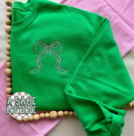 Embroidered coquette bow, pocket design, embroidery, girly sweatshirt, comfort colors t shirt, embroidered, youth girls t shirt, pink, bow
