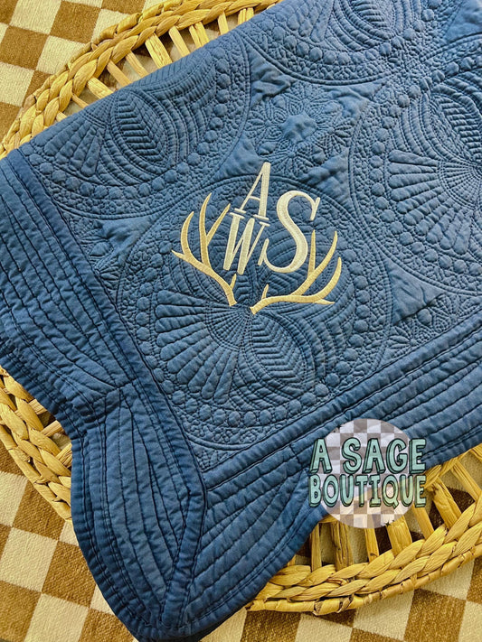 Embroidered antler heirloom quilt with custom monogram, personalized baby blanket, baby boy quilt, embroidered custom heirloom blanket