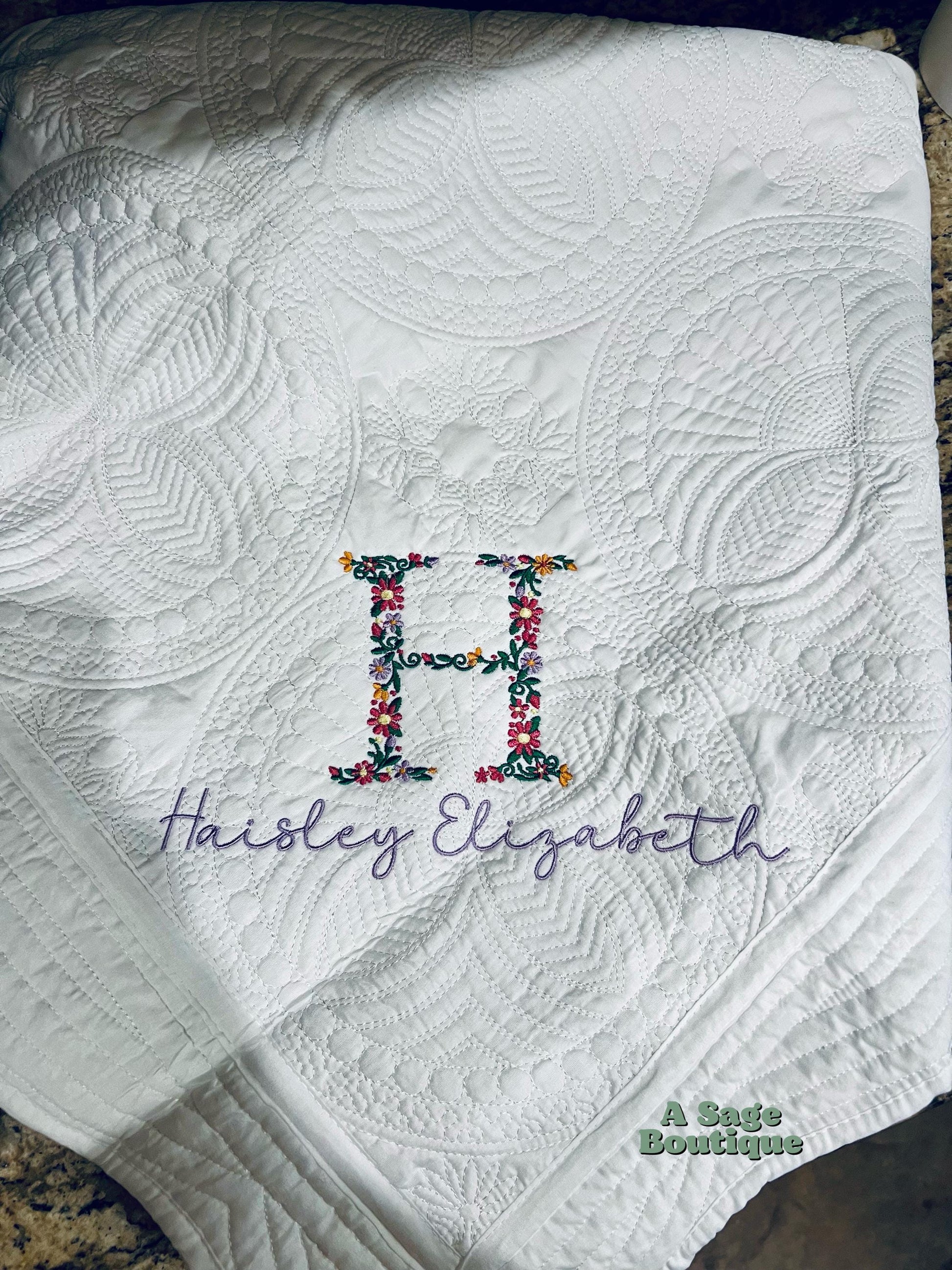 Embroidered coquette bow heirloom quilt with custom monogram, personalized baby blanket, baby gir quilt, embroidered custom heirloom blanket