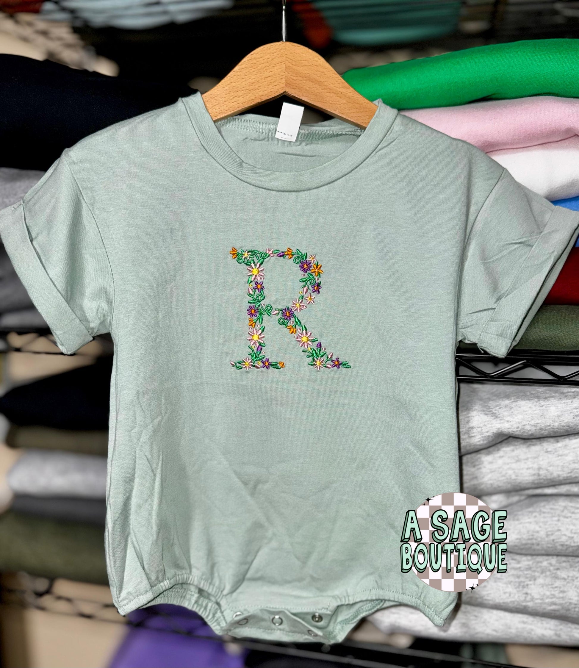 Embroidered kids t shirt/bubble romper - floral initial - bubble romper - t shirt - baby romper - flower embroidery
