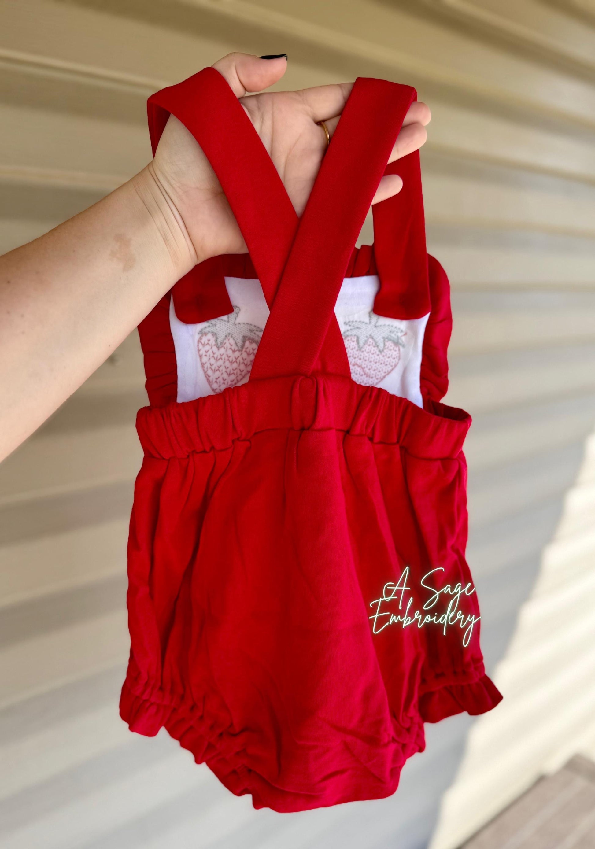 Personalized triple strawberry embroidered sunsuit bubble romper, embroidered strawberry design, custom name sunsuit, criss cross back