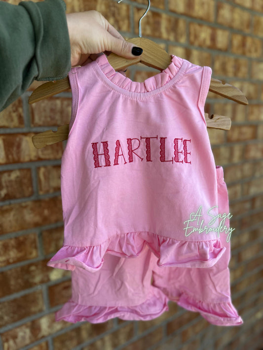 Embroidered open back ruffle back bow shorts set / embroidered girls shorts set / infant and toddler girls custom personalized sets / stitch