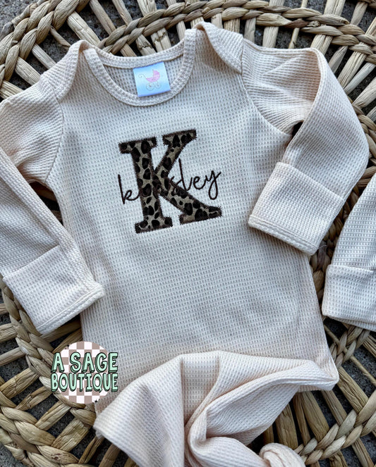 Embroidered applique infant newborn gown, leopard cheetah applique with cursive name, personalized custom infant baby gown, baby gift, baby