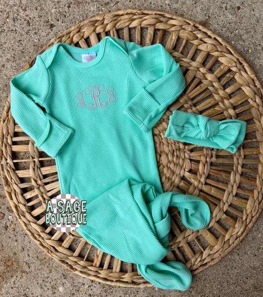 Embroidered monogram infant newborn gown, initials with cursive letters, personalized custom infant baby gown, baby gift, baby shower gift