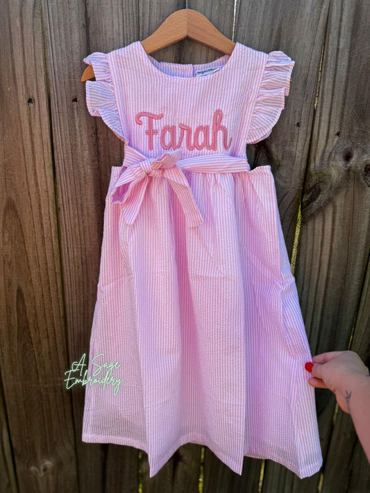 Seersucker side tie dress with custom embroidery, personalized girls seersucker dress, monogram, custom embroidered girls dress, seersucker